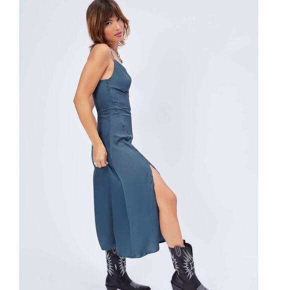 NWT SOLID COWL NECK SLIT MIDI DRESS side row of buttons, Cider in blue size S - Picture 3 of 15